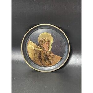 Vintage Madonna & Child Baby Jesus Brass Copper Plate Wall Art Hanging 11¼”